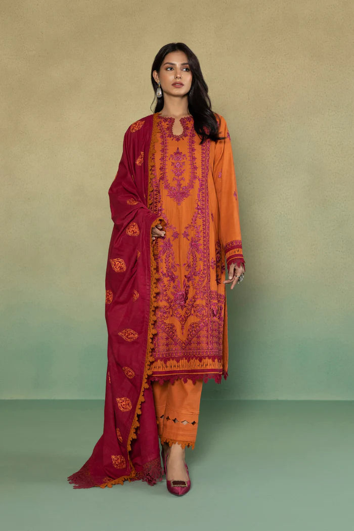 S - EMBROIDERED KHADDAR ORANGE 3PC