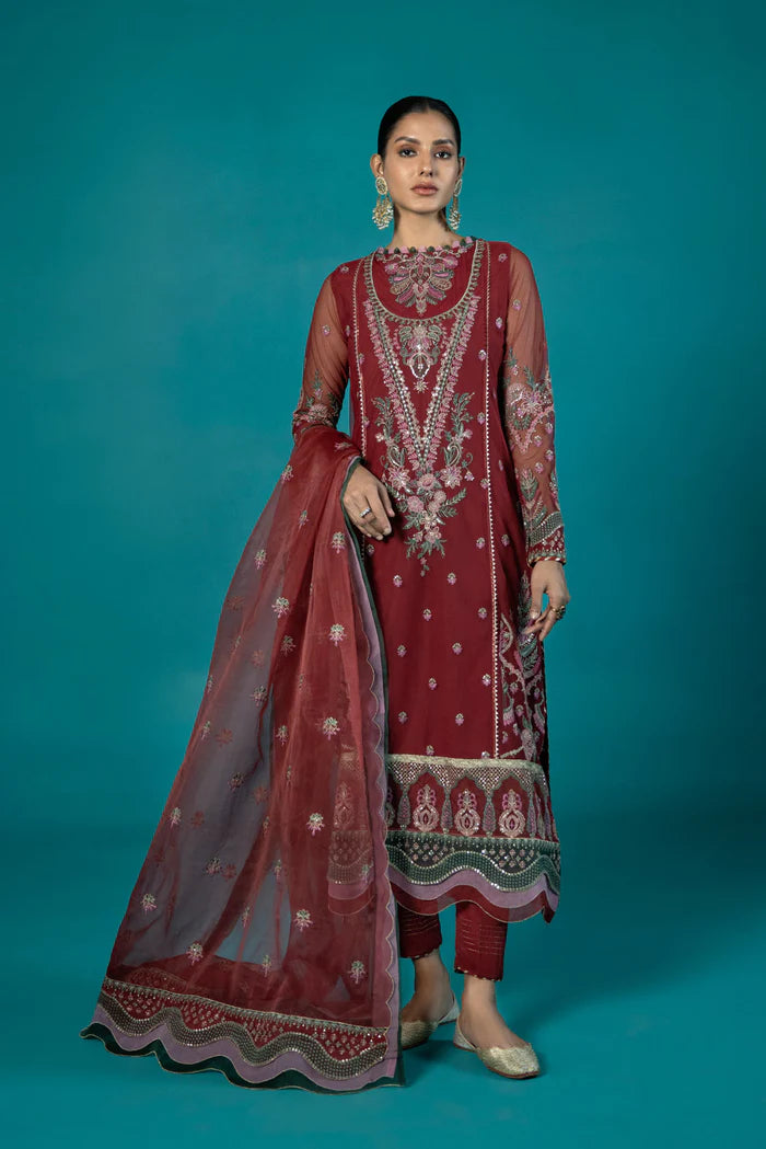 S - EMBROIDERED BLENDED NET RED 3PC