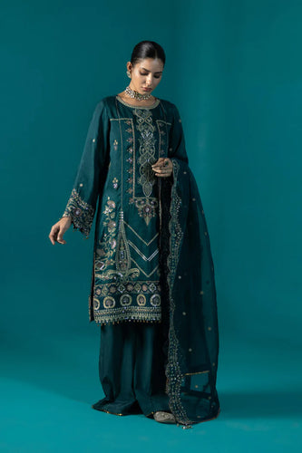 S - EMBROIDERED RAW SILK TEAL 3PC