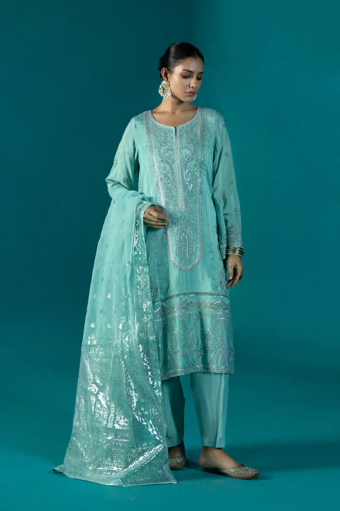 S - EMBROIDERED RAW SILK SEA GREEN 3PC