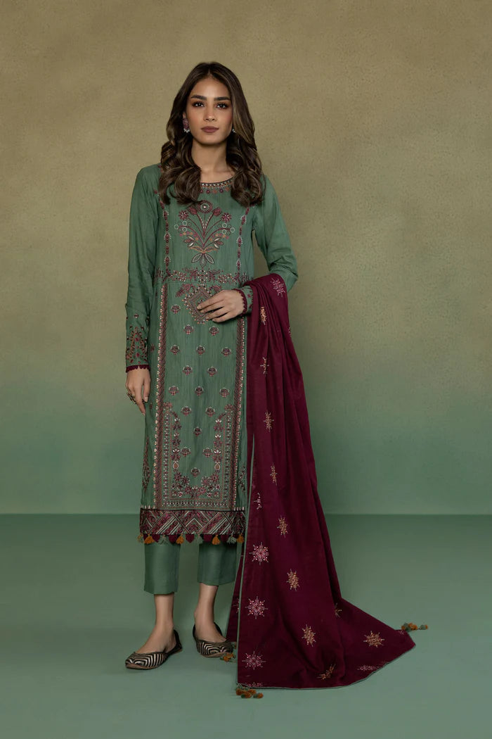 S - EMBROIDERED KHADDAR SEA GREEN 3PC