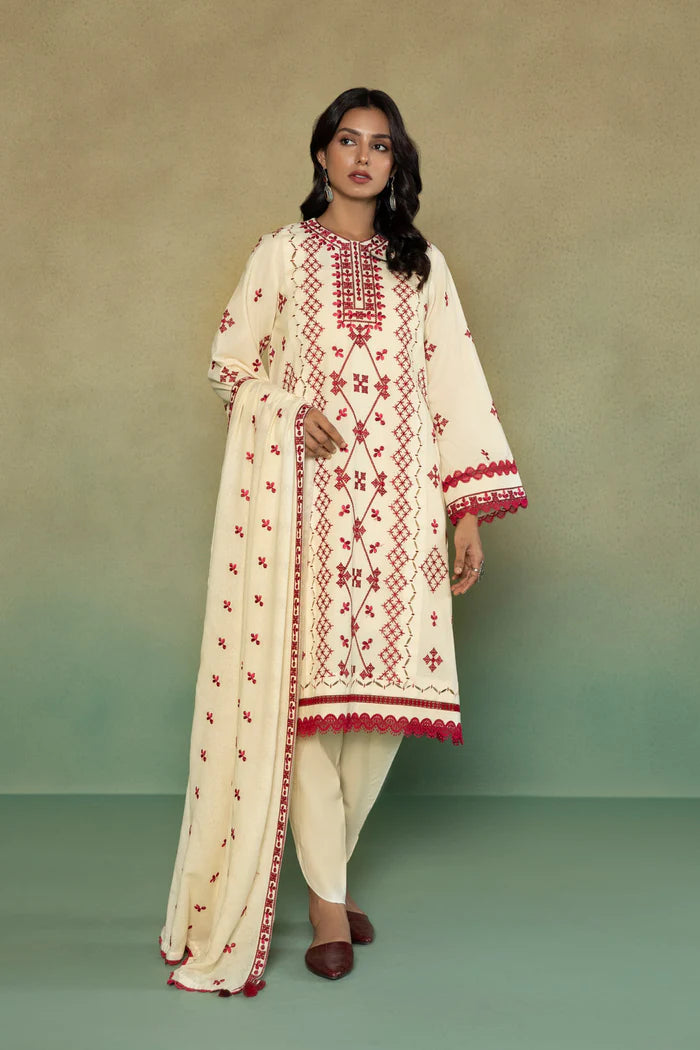 S - EMBROIDERED KARANDI OFF WHITE 3PC