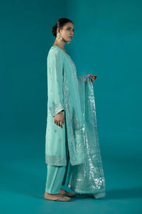 S - EMBROIDERED RAW SILK SEA GREEN 3PC